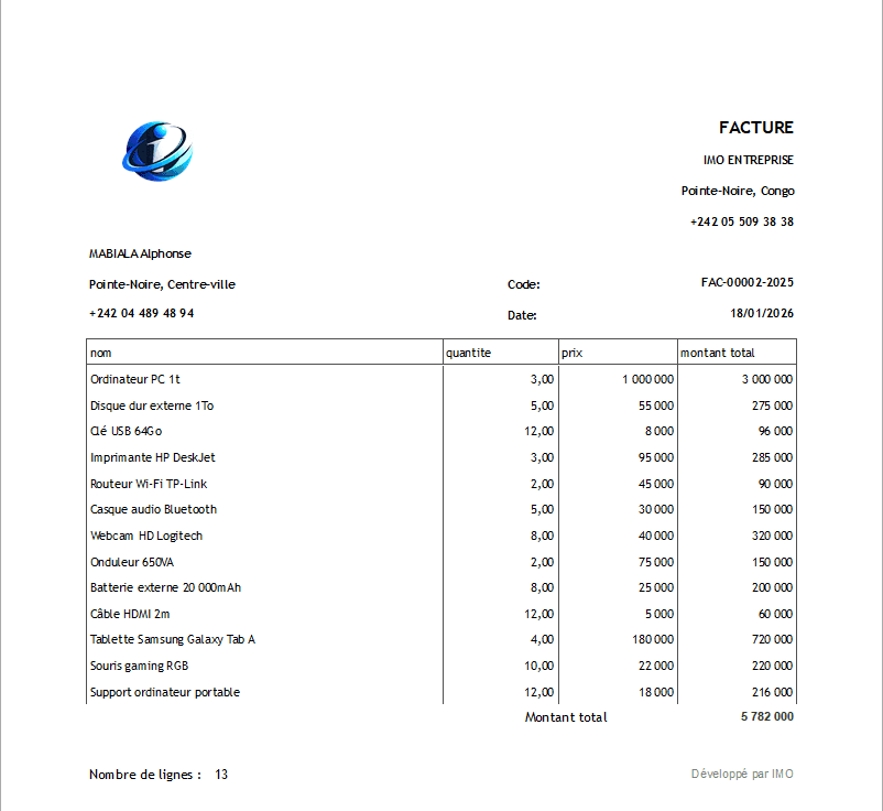 Exemple de facture générée avec Mes factures - Logiciel de facturation